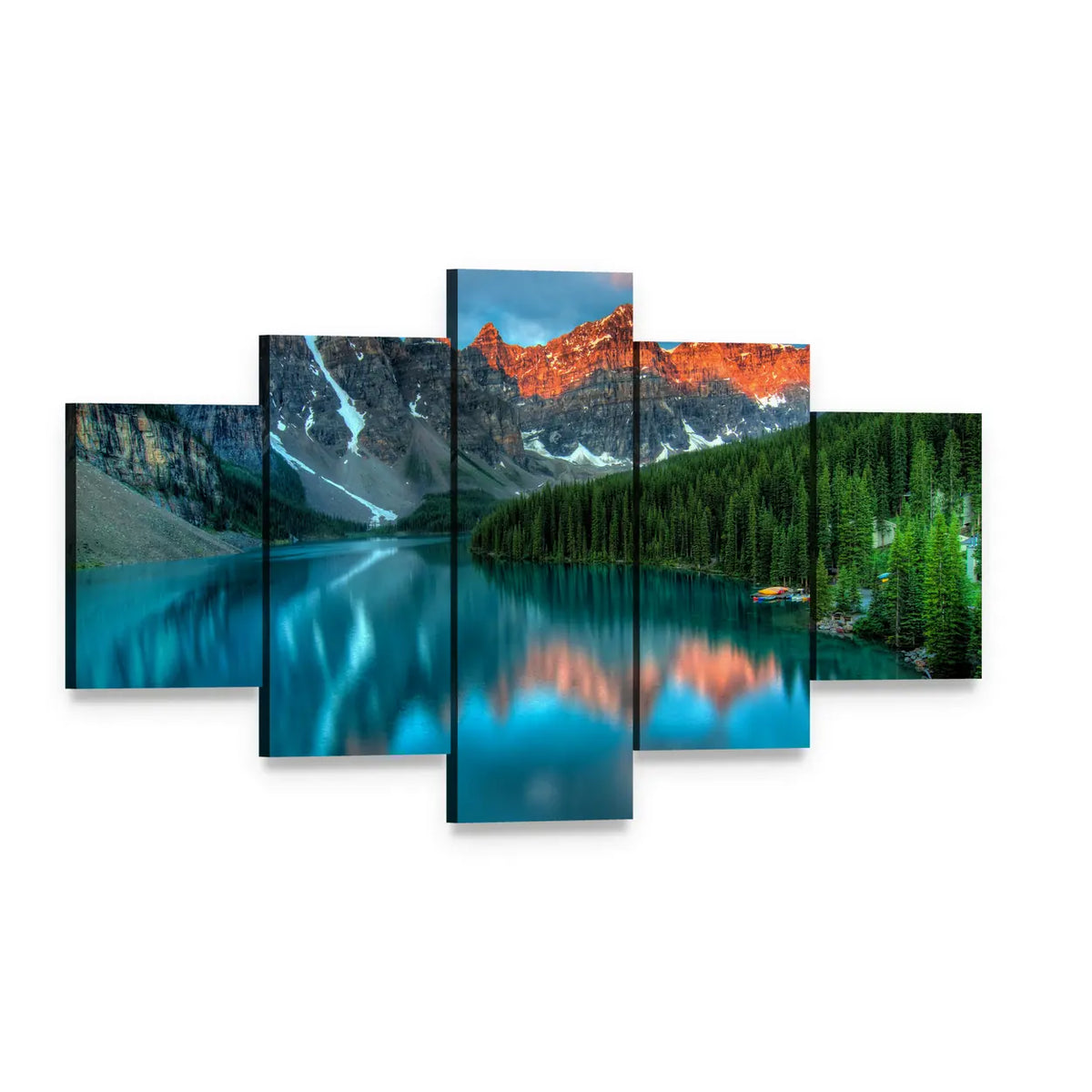 Moraine Lake Sunrise Canvas Wall Art, 5 panel 5 Star layout gallery wrapped canvas set, angled product view