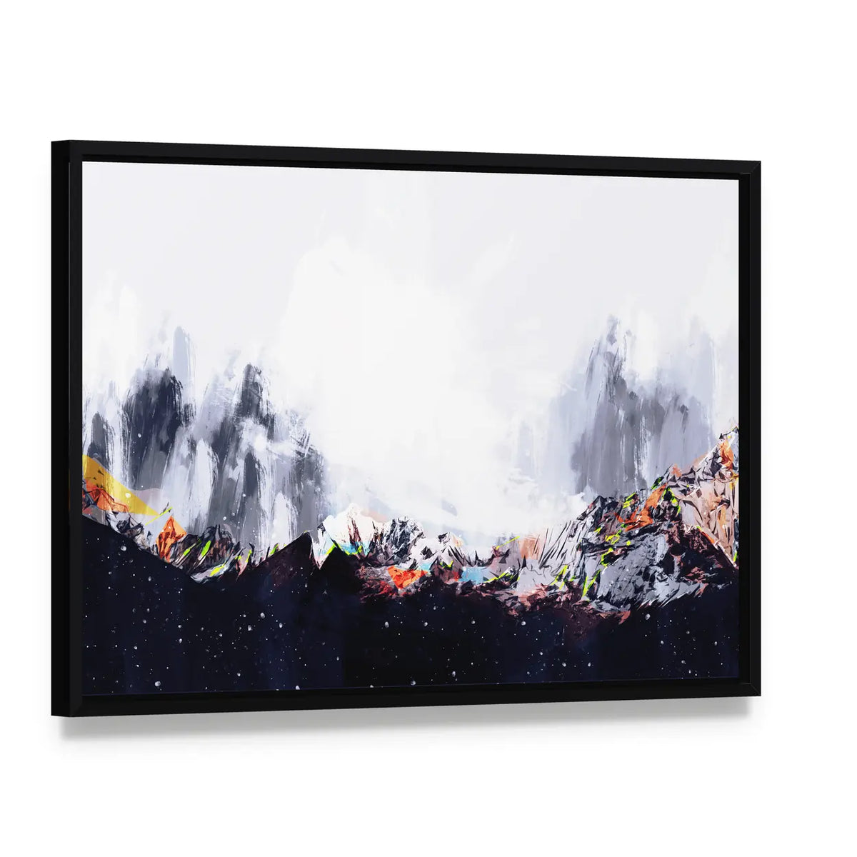 Abstract Snow-capped Mountain Range with Orange Ridges Canvas Wall Art, framed canvas in a black floater frame, angled product view