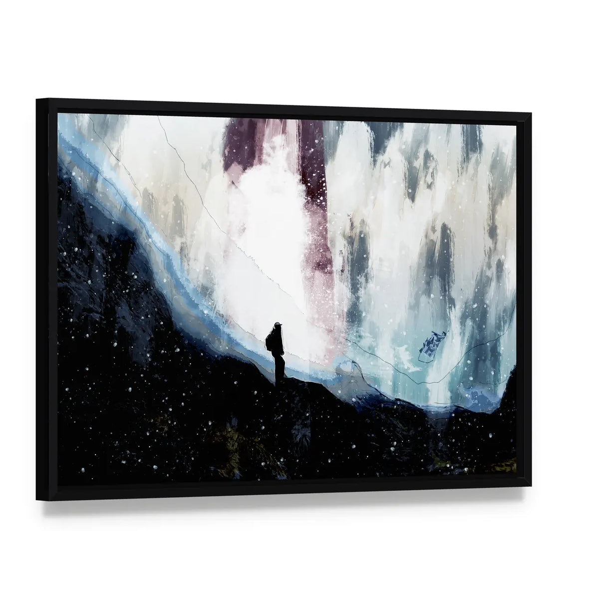 Lone Hiker Beneath Starlit Rift Canvas Wall Art, framed canvas in a black floater frame, angled product view