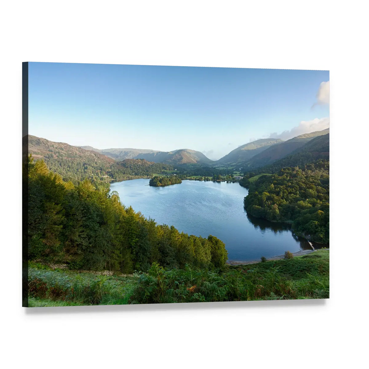 Lake District Forested Island Landscape Canvas Wall Art, single panel gallery wrapped canvas, angled product view