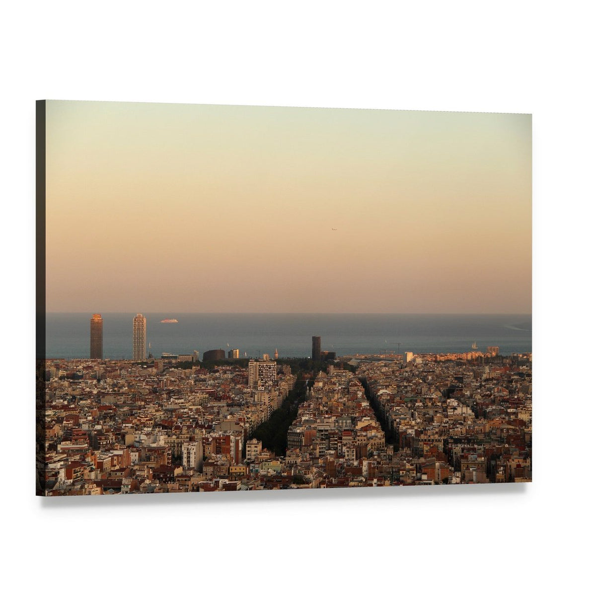 Barcelona Cityscape at Sunset Canvas Wall Art, single panel gallery wrapped canvas, angled product view