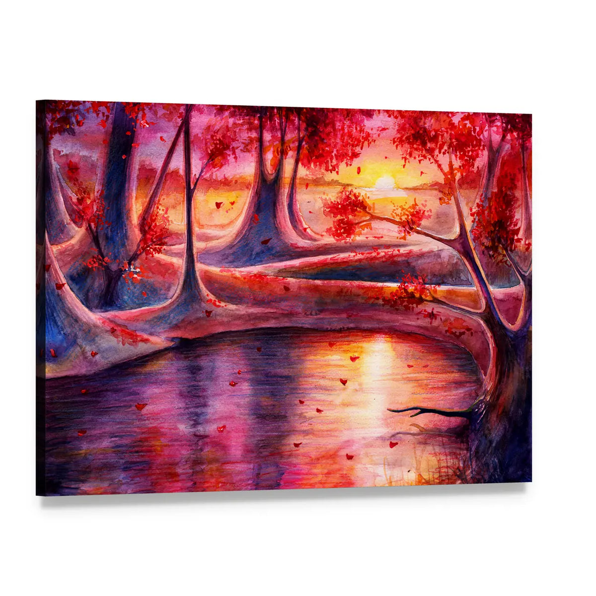Autumn Lake Forest Watercolor Canvas Wall Art, single panel gallery wrapped canvas, angled product view