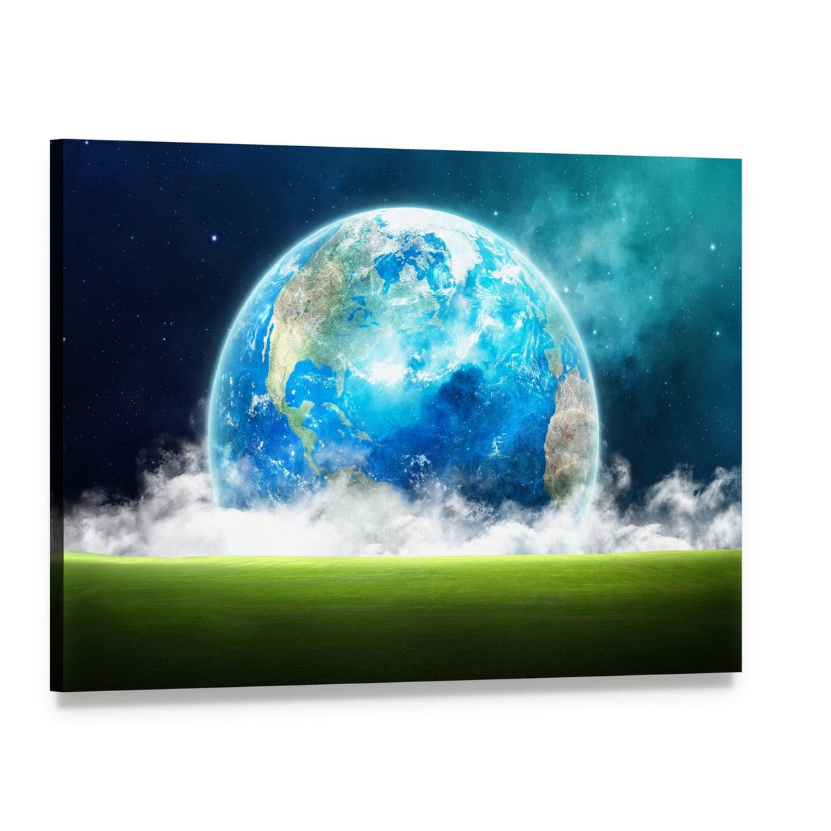 Earth Rising Over Green Field Canvas Wall Art, single panel gallery wrapped canvas, angled product view