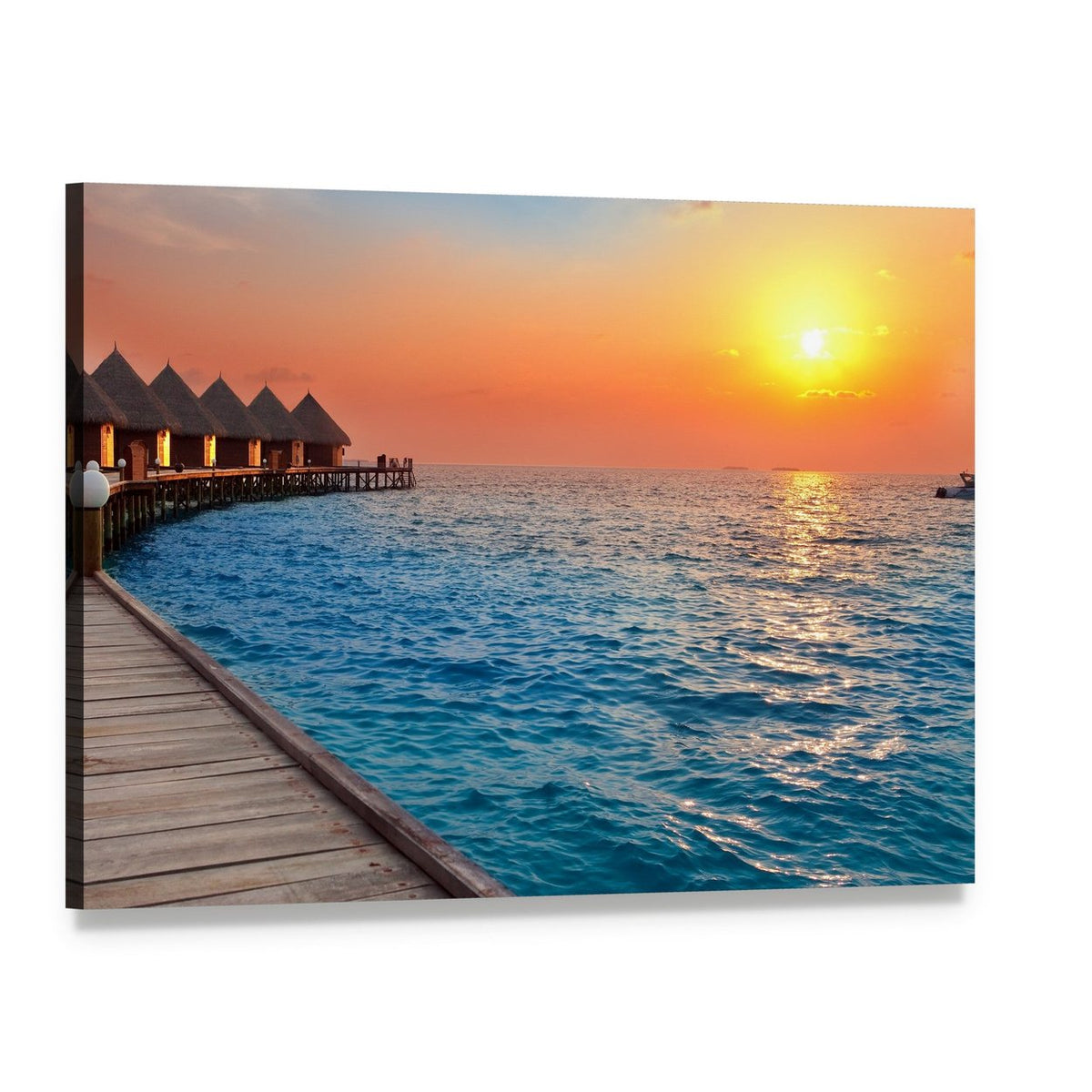 Sunset Over Overwater Bungalows and Pier Canvas Wall Art, single panel gallery wrapped canvas, angled product view
