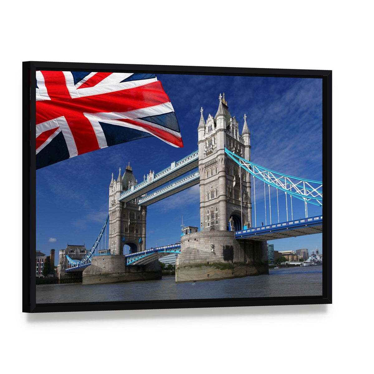Tower Bridge with Union Jack Flag Canvas Wall Art, framed canvas in a black floater frame, angled product view