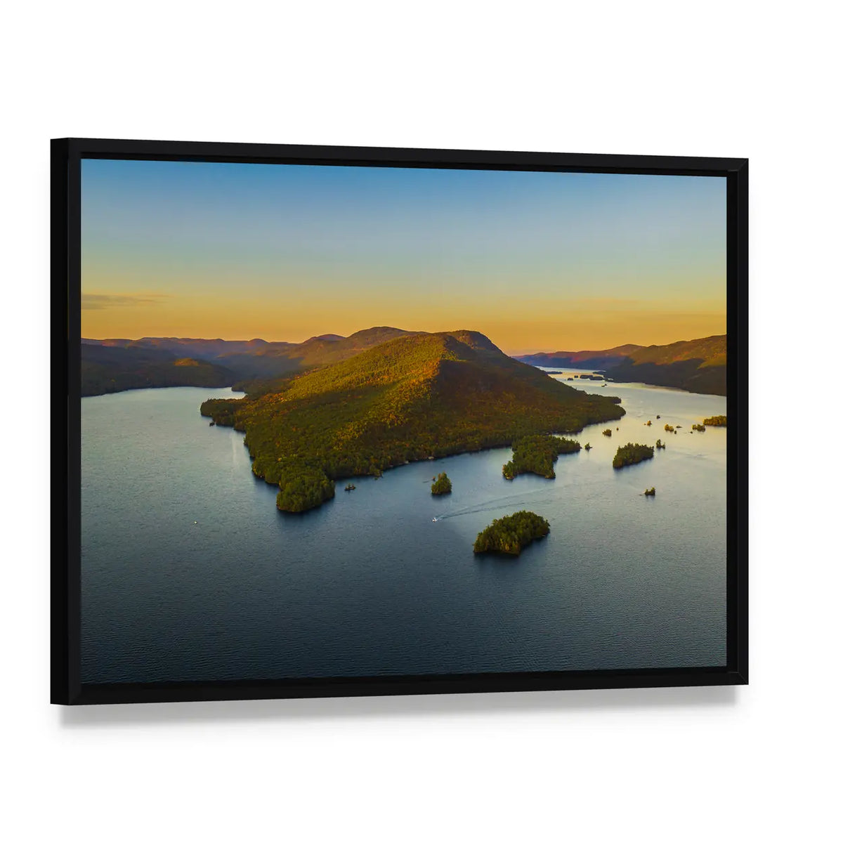 Fall Foliage by Lake George Canvas Wall Art, framed canvas in a black floater frame, angled product view