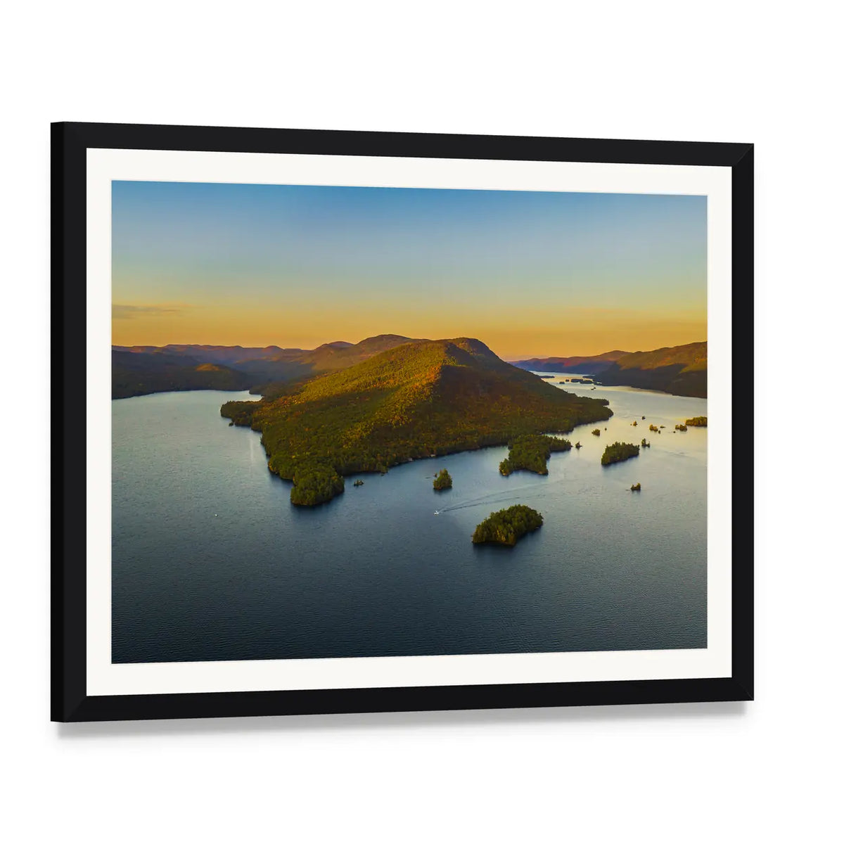Fall Foliage by Lake George Canvas Wall Art, framed print with white mat and black frame, angled product view