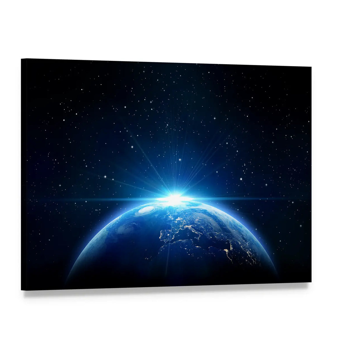 Sunrise Over Earth from Space Canvas Wall Art, single panel gallery wrapped canvas, angled product view