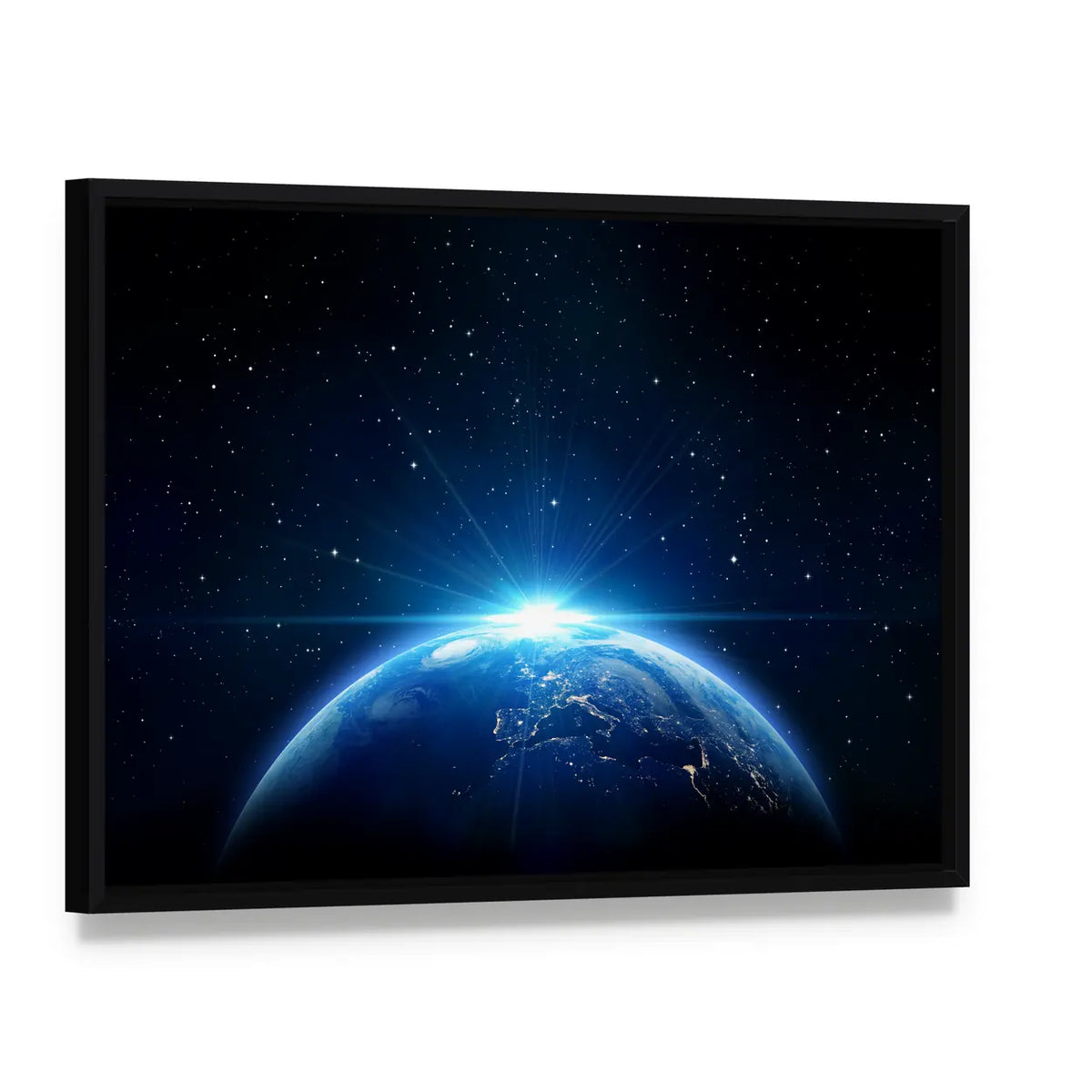 Sunrise Over Earth from Space Canvas Wall Art, framed canvas in a black floater frame, angled product view