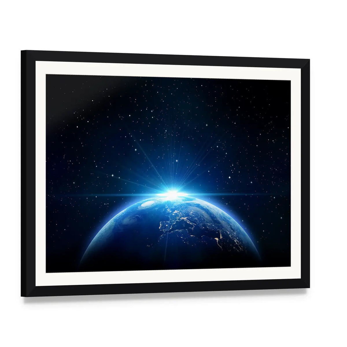 Sunrise Over Earth from Space Canvas Wall Art, framed print with white mat and black frame, angled product view