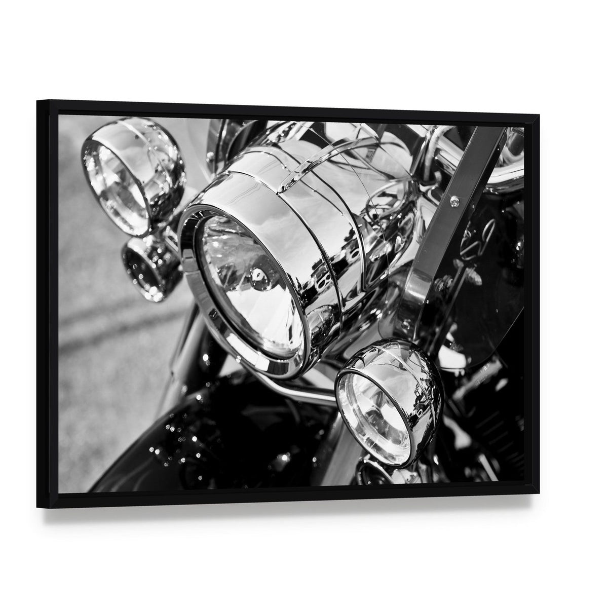 Motorcycle Lights Close Up Canvas Wall Art, framed canvas in a black floater frame, angled product view