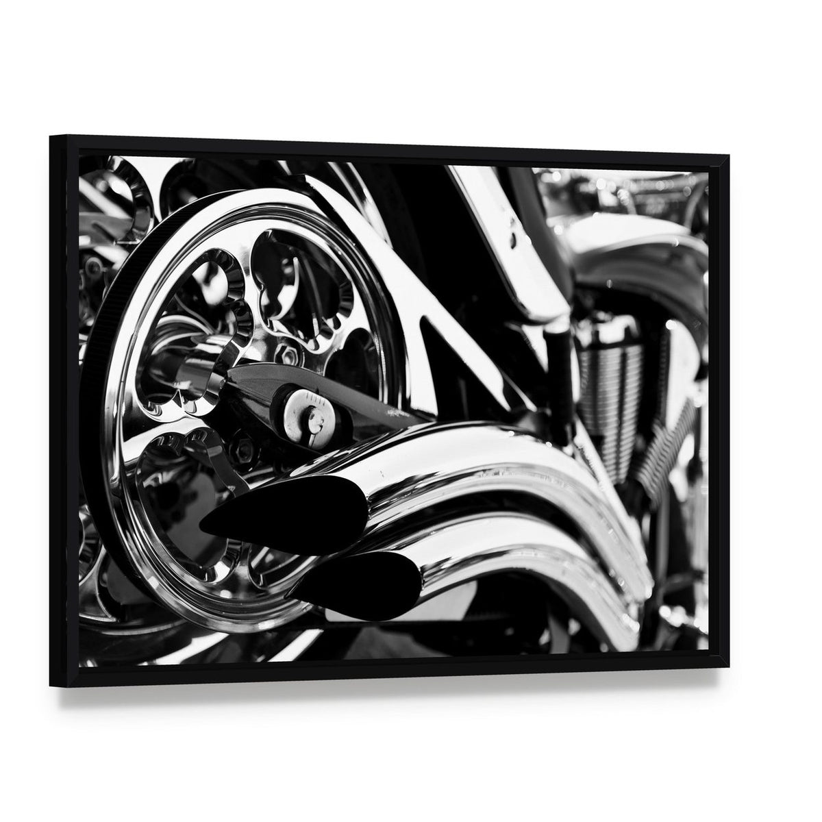 Motorbike Exhaust Pipes Canvas Wall Art, framed canvas in a black floater frame, angled product view