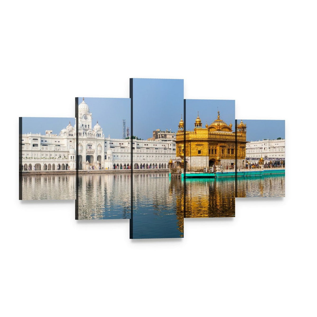 Golden Temple Reflections in India Canvas Wall Art, 5 panel 5 Star layout gallery wrapped canvas set, angled product view