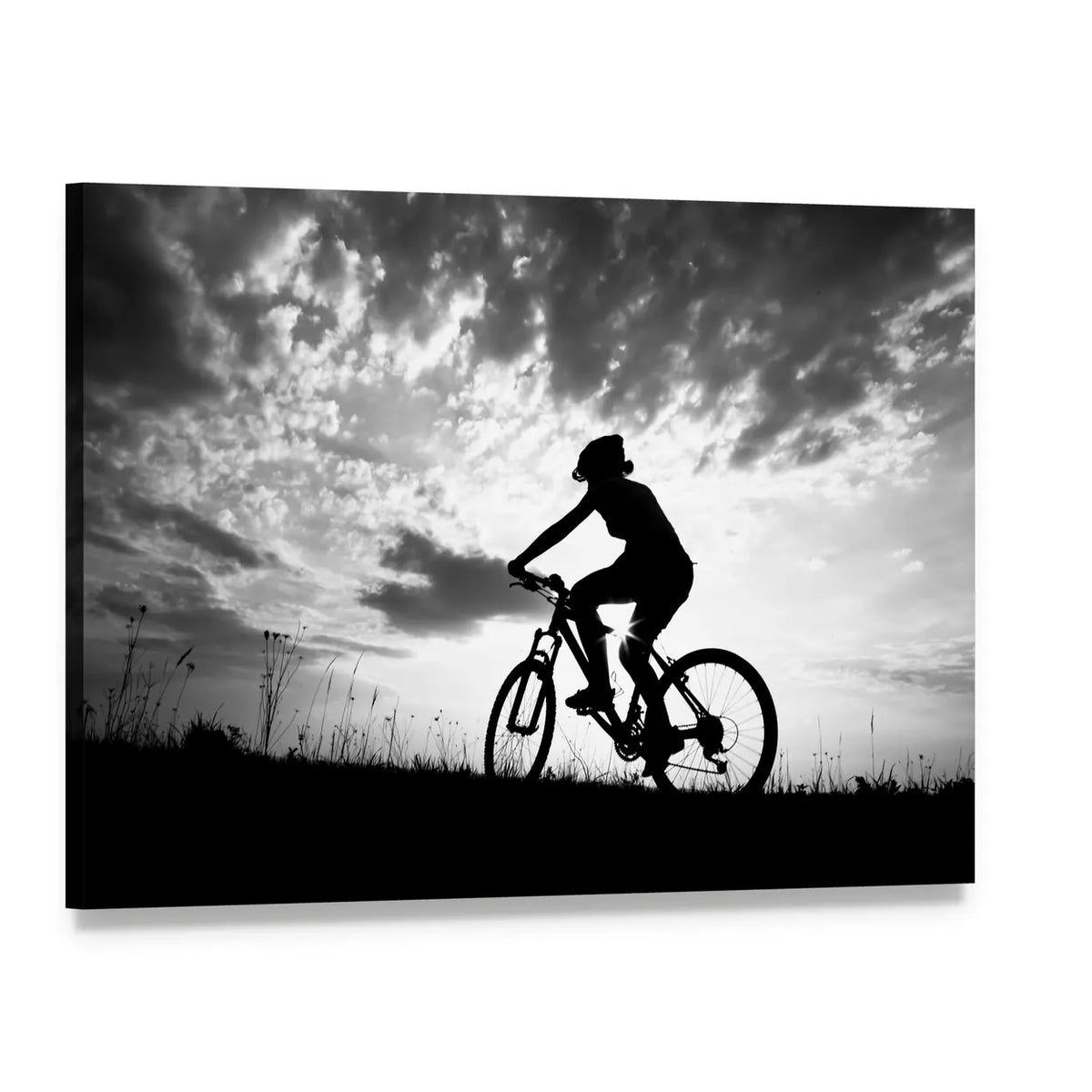 Girl Mountain Biker Silhouette Canvas Wall Art, single panel gallery wrapped canvas, angled product view