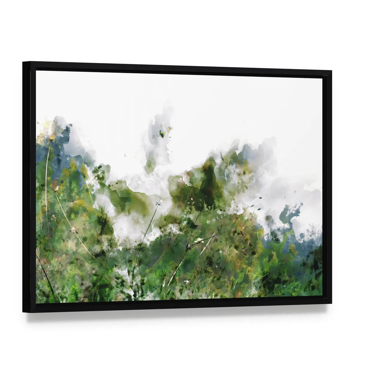 Wild Jungle Watercolor Texture Canvas Wall Art, framed canvas in a black floater frame, angled product view