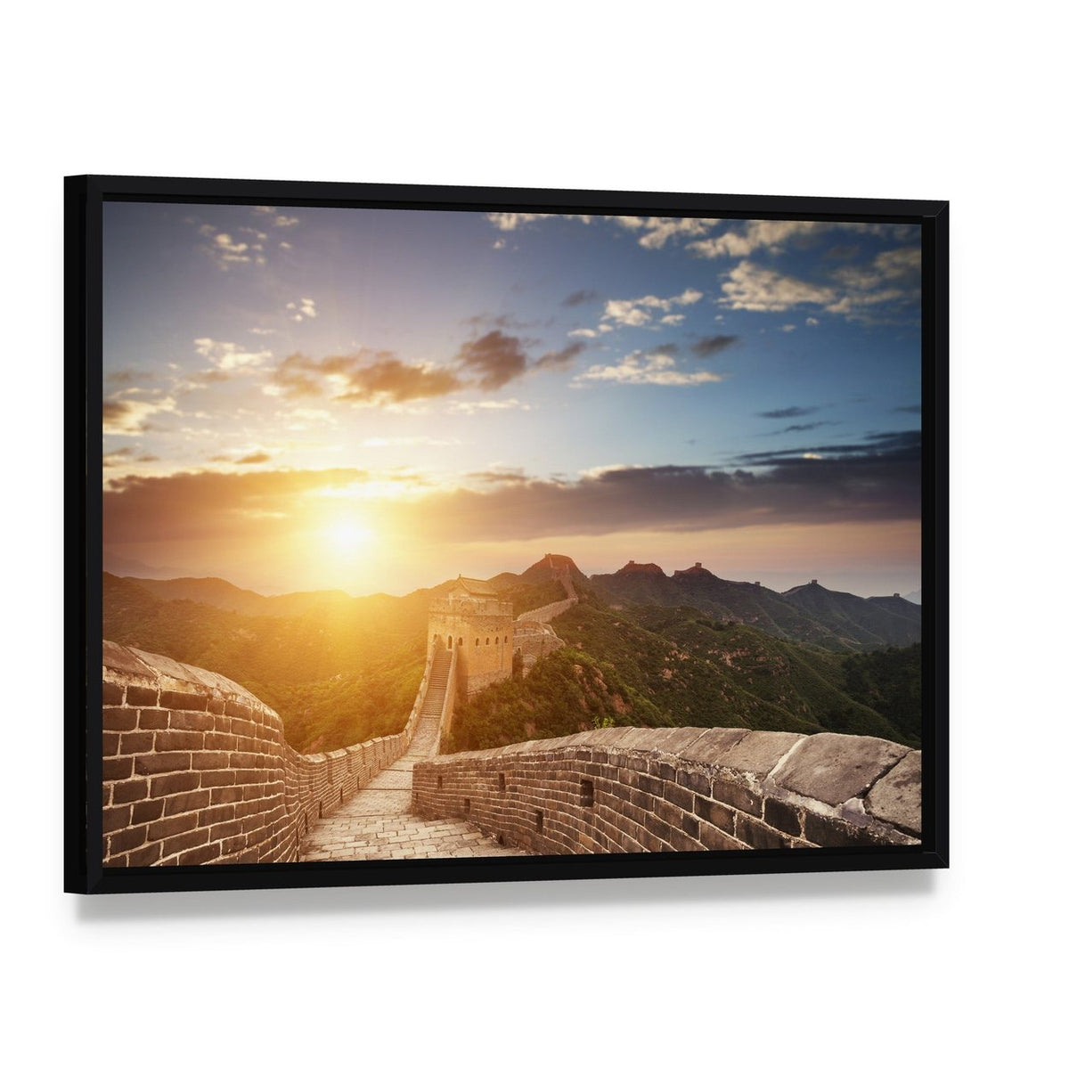 Great Wall of China at Sunset Canvas Wall Art, framed canvas in a black floater frame, angled product view