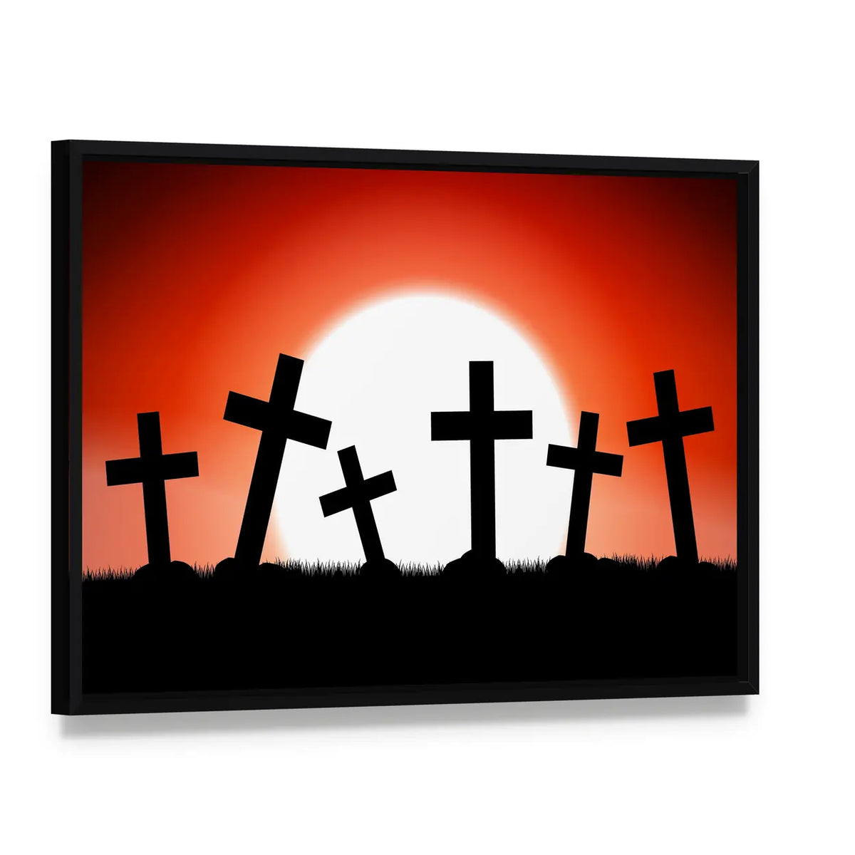 Halloween Graveyard Silhouette with Red Sky Canvas Wall Art, framed canvas in a black floater frame, angled product view