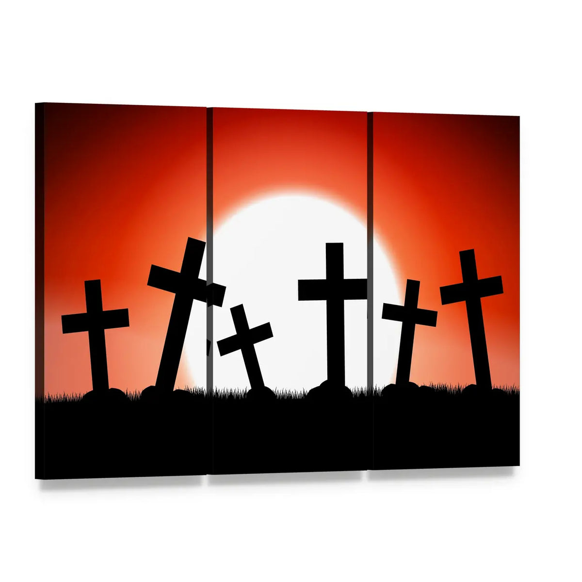 Halloween Red Moon with Cross Silhouettes Canvas Wall Art, 3 panel 3 Horizontal layout gallery wrapped canvas set, angled product view