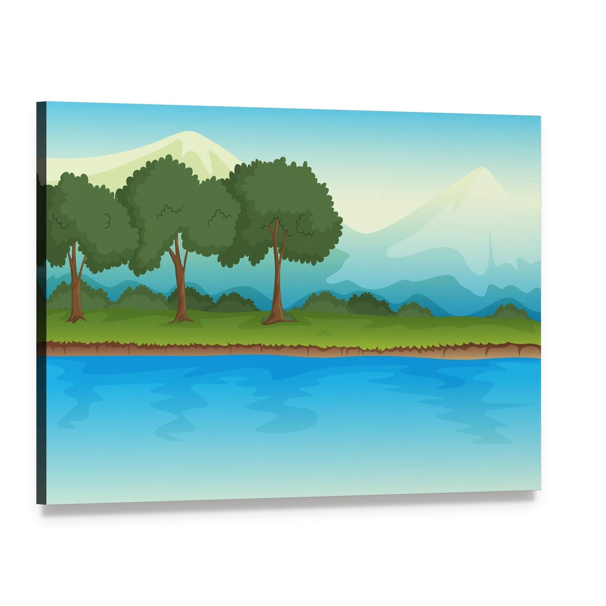 River and Snow-capped Mountains Illustration Canvas Wall Art, single panel gallery wrapped canvas, angled product view