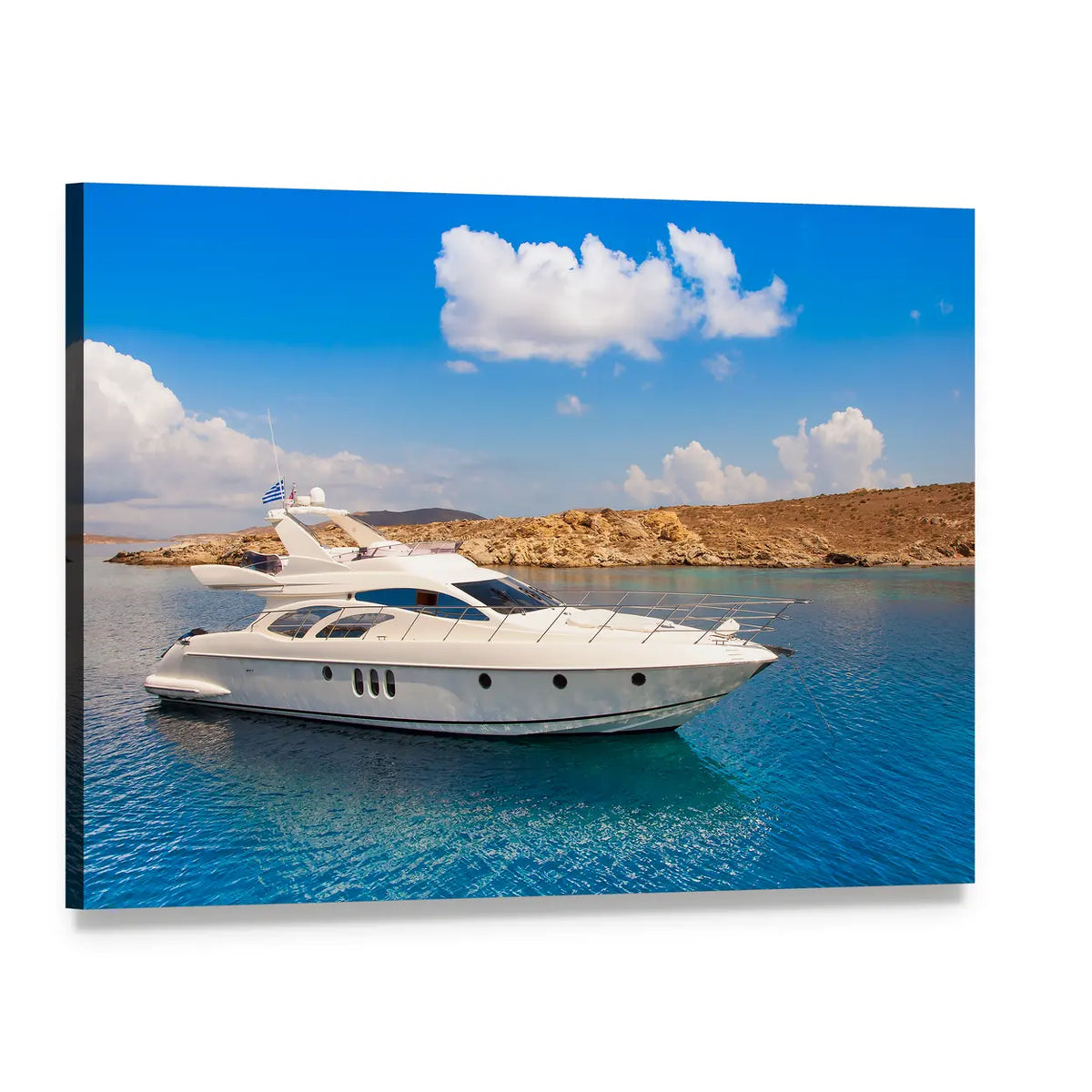 White Yacht Off Rocky Island Coast with Greek Flag Canvas Wall Art, single panel gallery wrapped canvas, angled product view