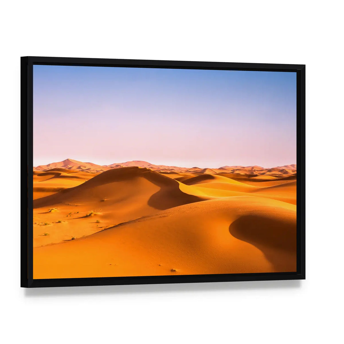 Sahara Sand Dunes at Golden Hour Canvas Wall Art, framed canvas in a black floater frame, angled product view