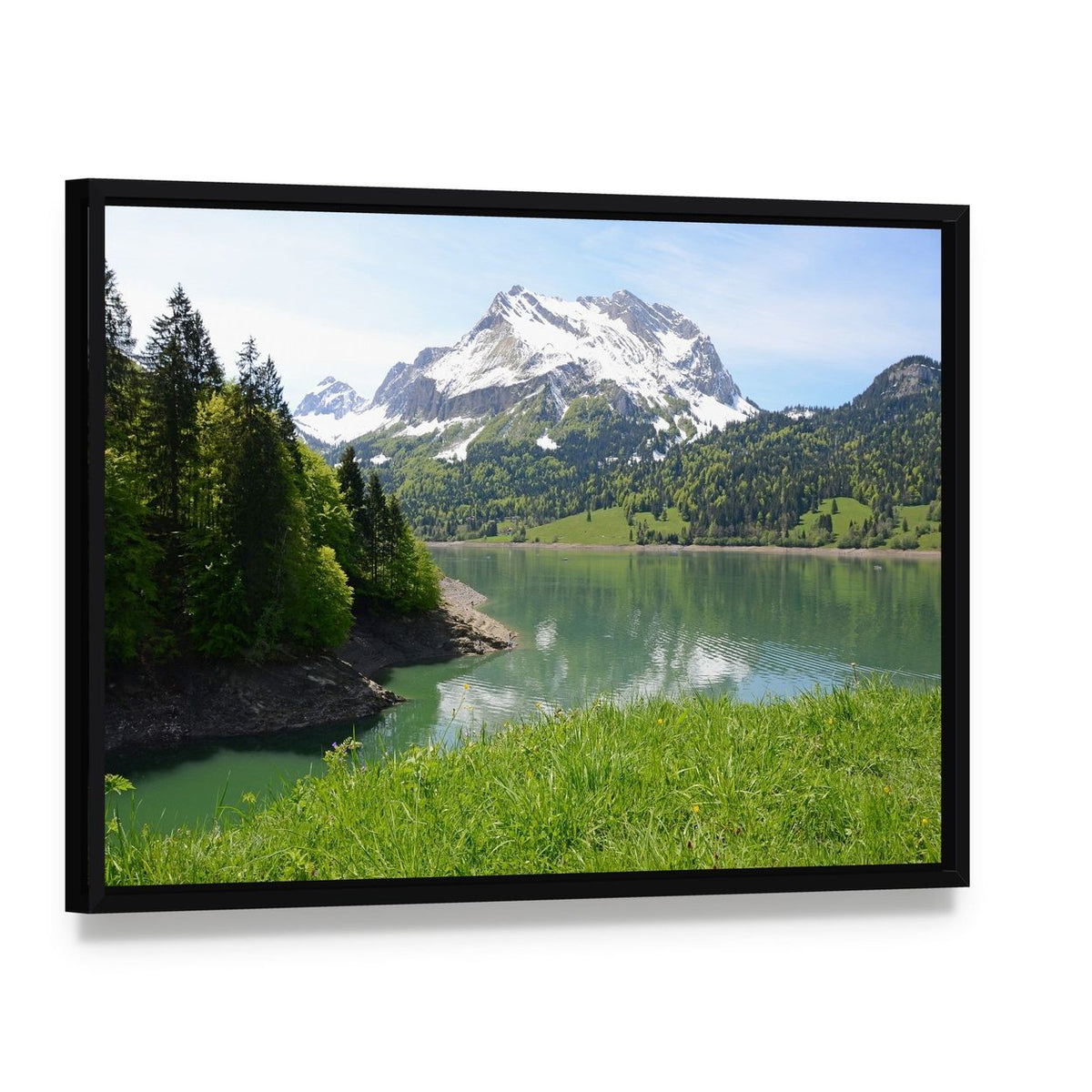 Mountain Lake Scene Canvas Wall Art, framed canvas in a black floater frame, angled product view