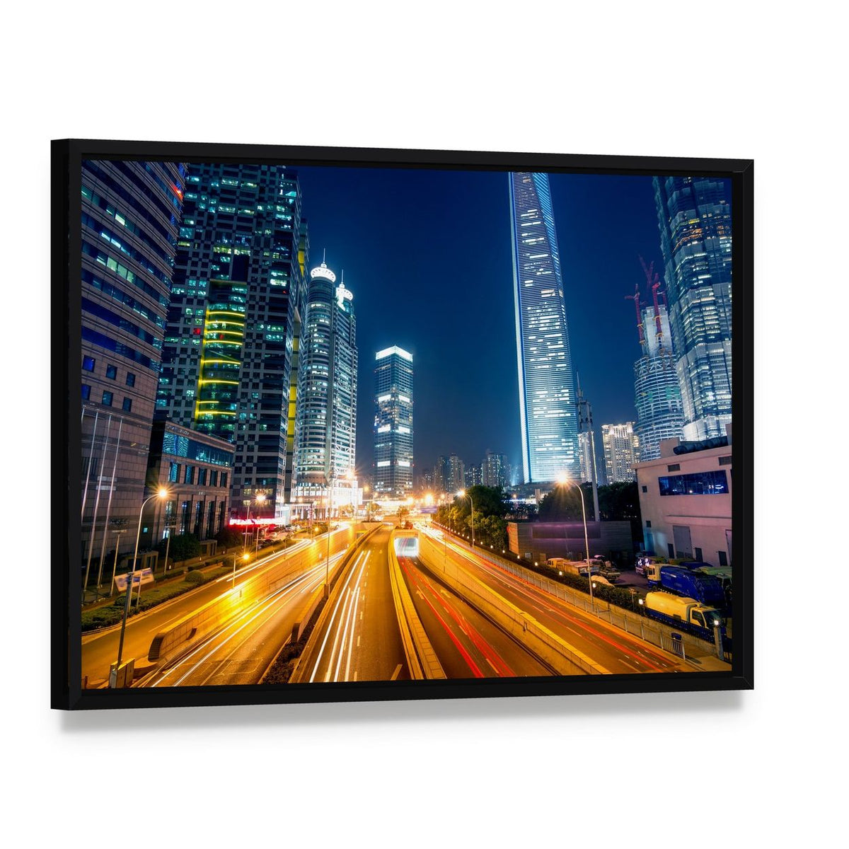 Light Trails on Street Shanghai Canvas Wall Art, framed canvas in a black floater frame, angled product view