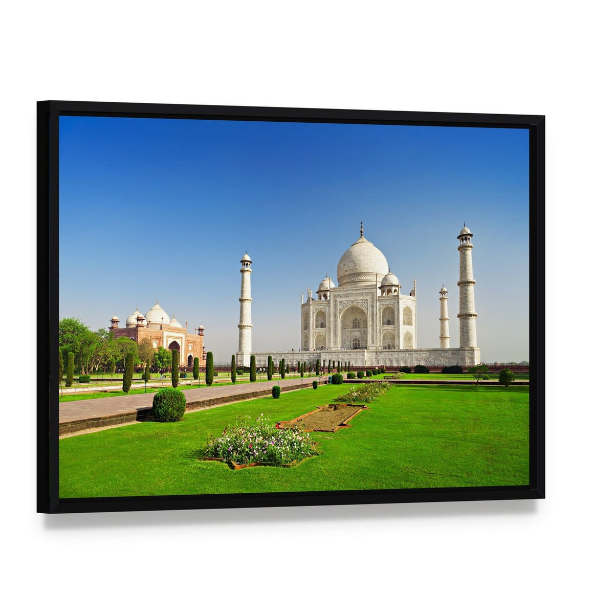 Taj Mahal in Agra India Canvas Wall Art, framed canvas in a black floater frame, angled product view
