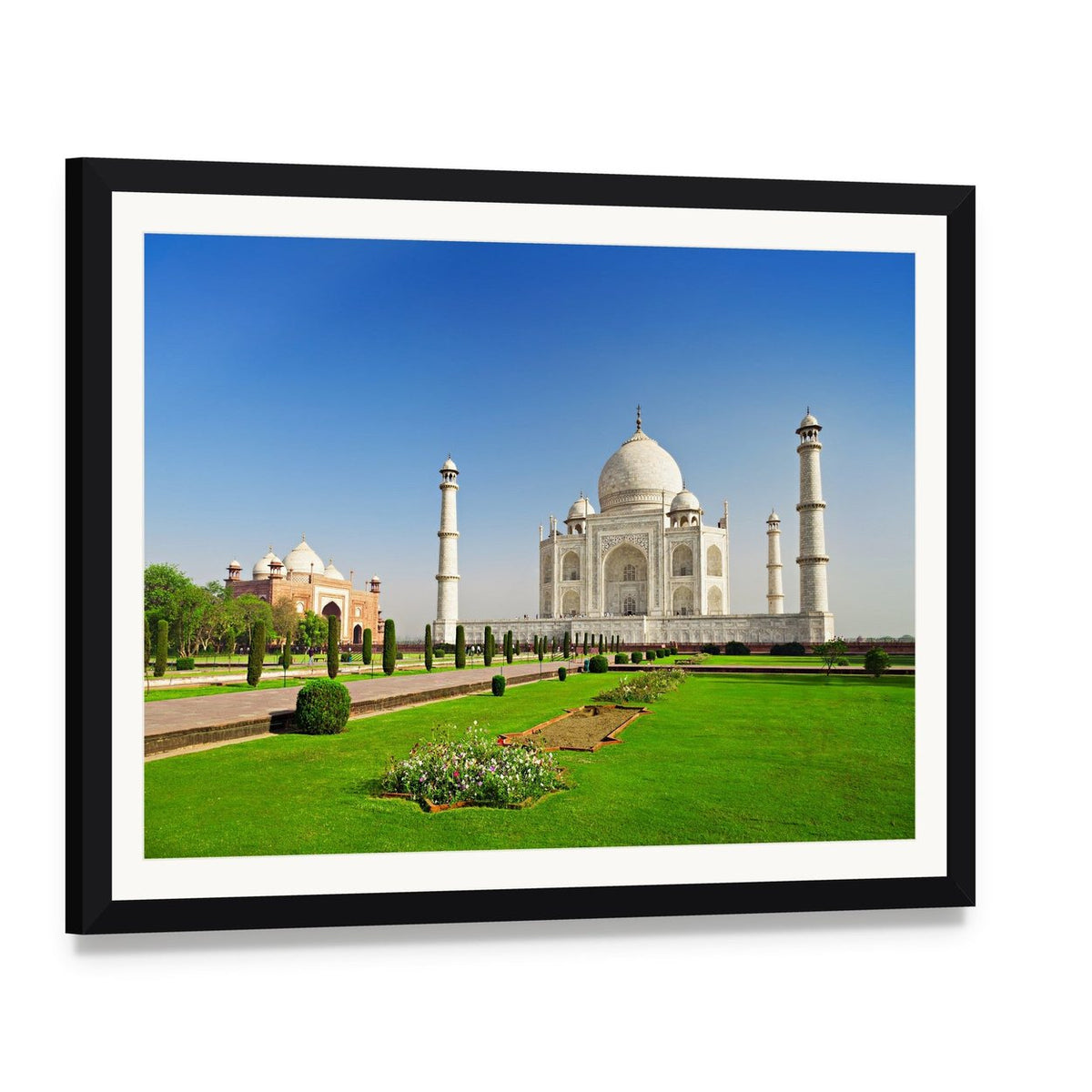Taj Mahal in Agra India Canvas Wall Art, framed print with white mat and black frame, angled product view