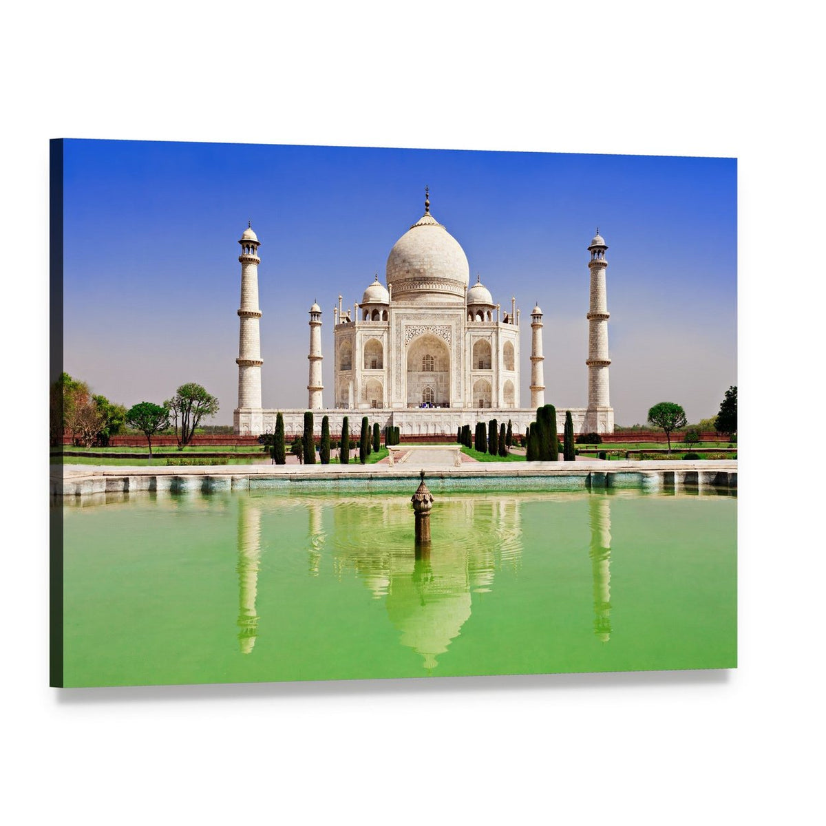 Green Pond in Front of Taj Mahal Canvas Wall Art, single panel gallery wrapped canvas, angled product view