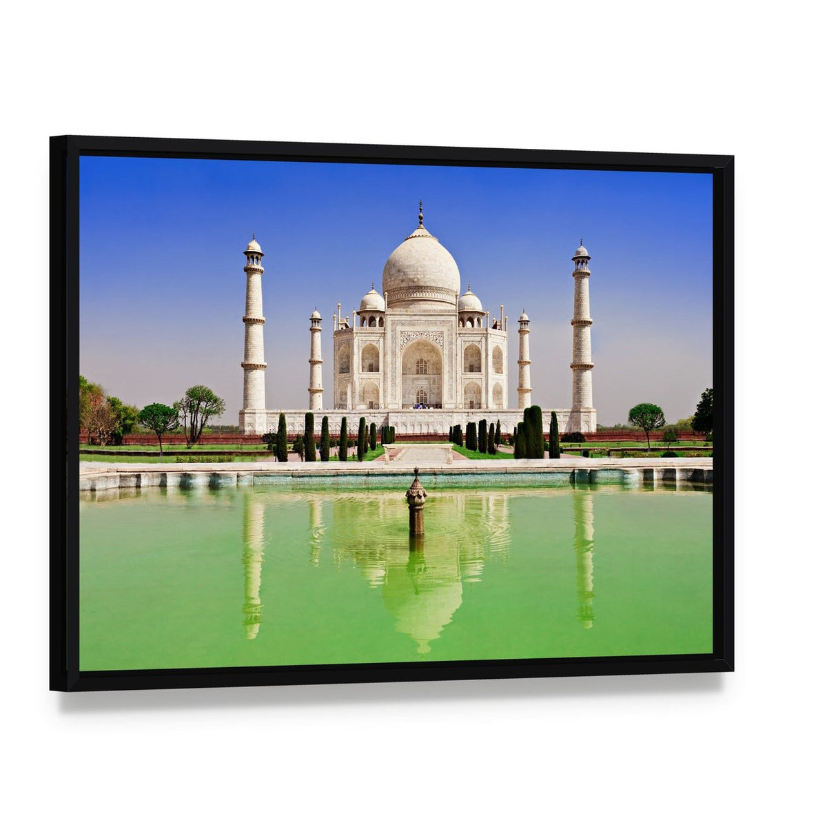 Green Pond in Front of Taj Mahal Canvas Wall Art, framed canvas in a black floater frame, angled product view