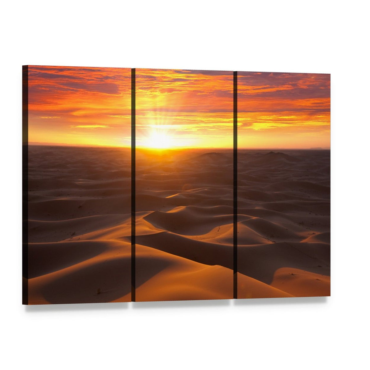 Desert Sunset with Layered Dunes Canvas Wall Art, 3 panel 3 Horizontal layout gallery wrapped canvas set, angled product view