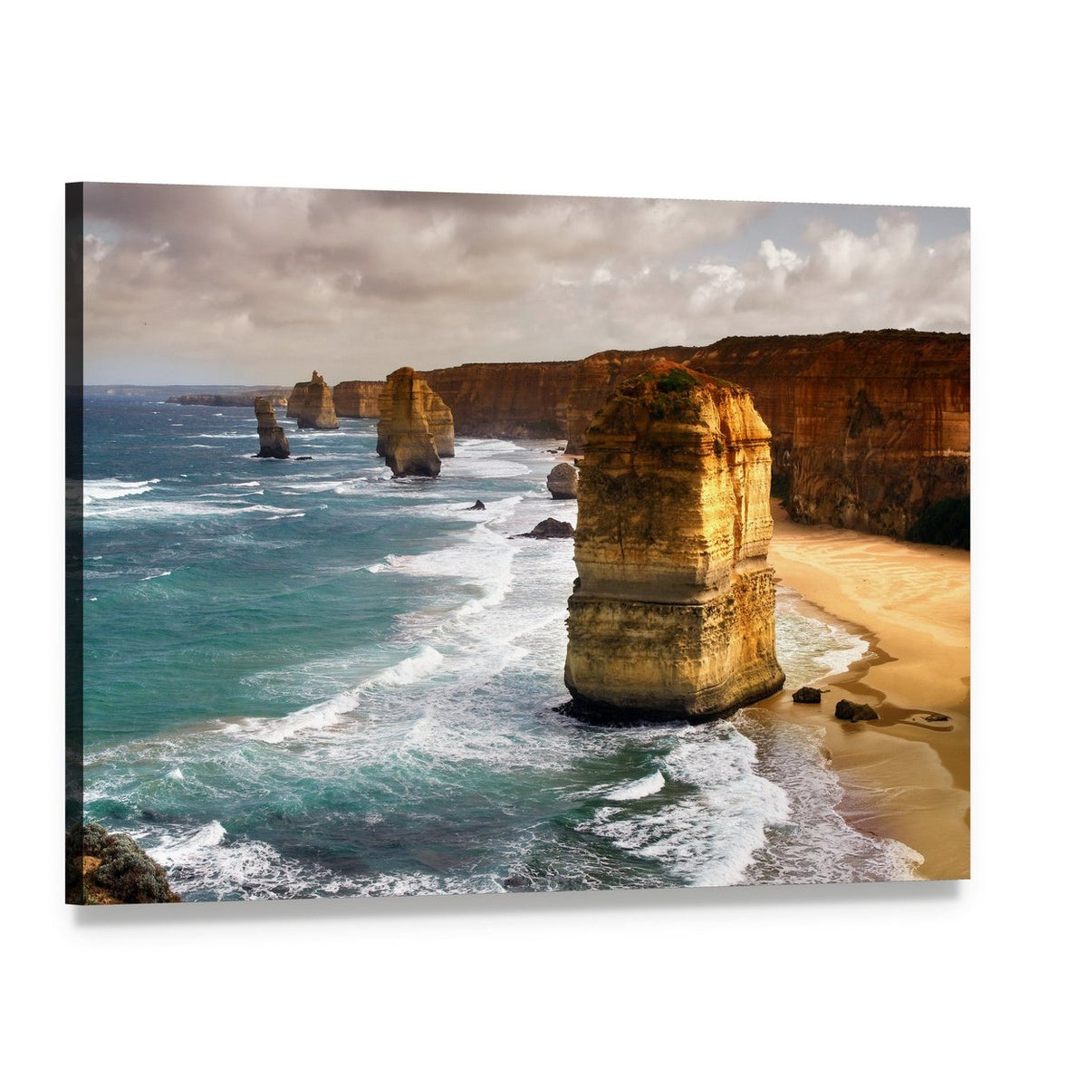 12 Apostles Ocean Cliffs at Golden Hour Canvas Wall Art, single panel gallery wrapped canvas, angled product view