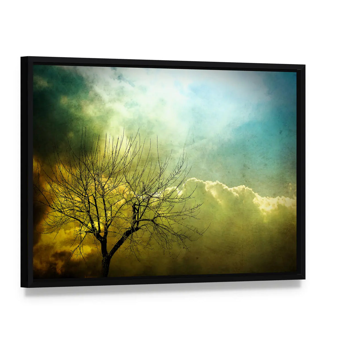 Grunge Leafless Tree with Backlit Clouds Canvas Wall Art, framed canvas in a black floater frame, angled product view