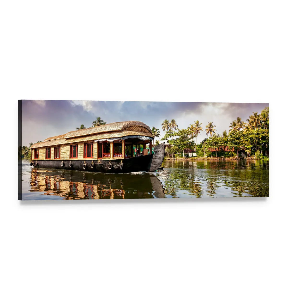 Thatched Houseboat with Palm Reflections Panoramic Canvas Wall Art, single panel gallery wrapped canvas, angled product view