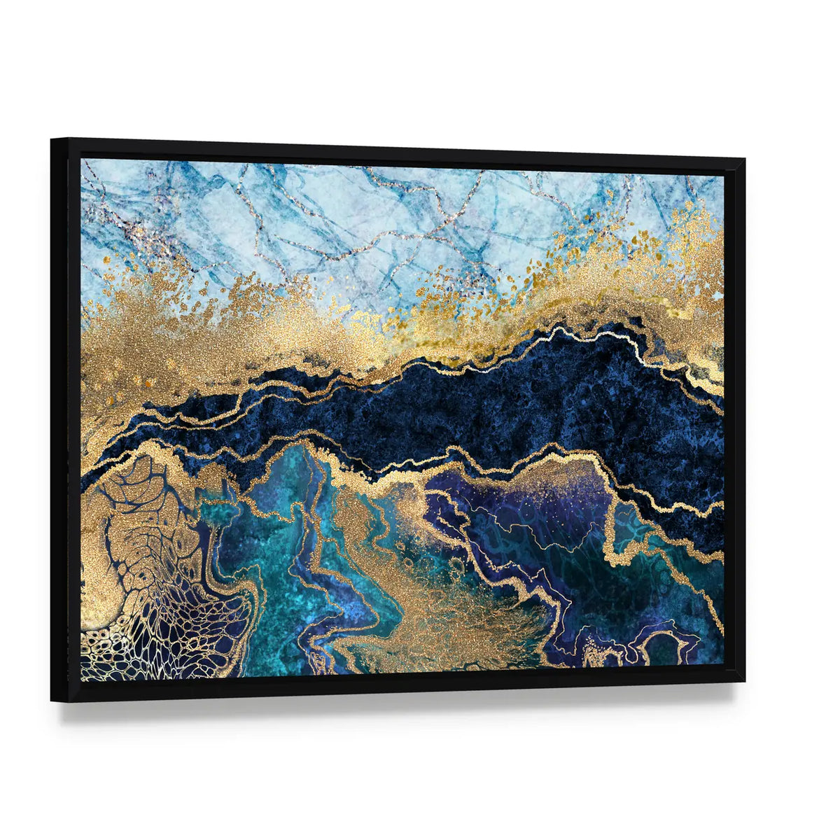 Artificial Marbled Surface Canvas Wall Art, framed canvas in a black floater frame, angled product view