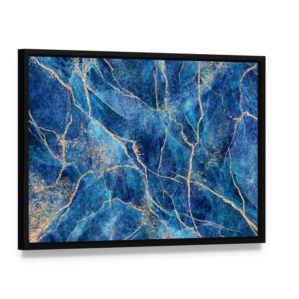 Indigo Stone with Metallic Gold Veins Canvas Wall Art, framed canvas in a black floater frame, angled product view