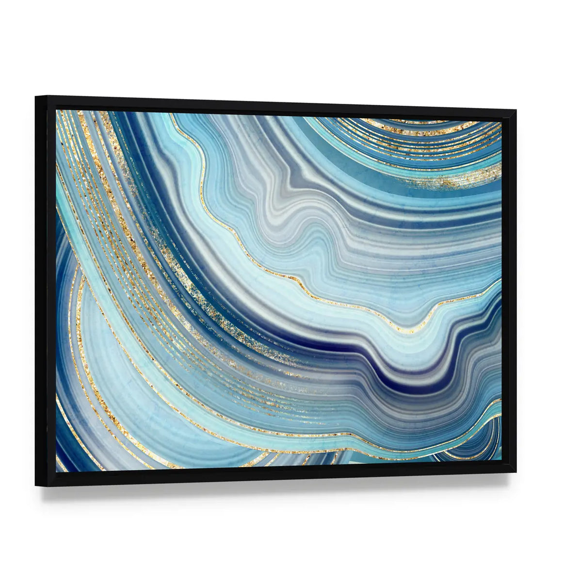 Swirling Blue Agate Marble with Gold Veins Canvas Wall Art, framed canvas in a black floater frame, angled product view
