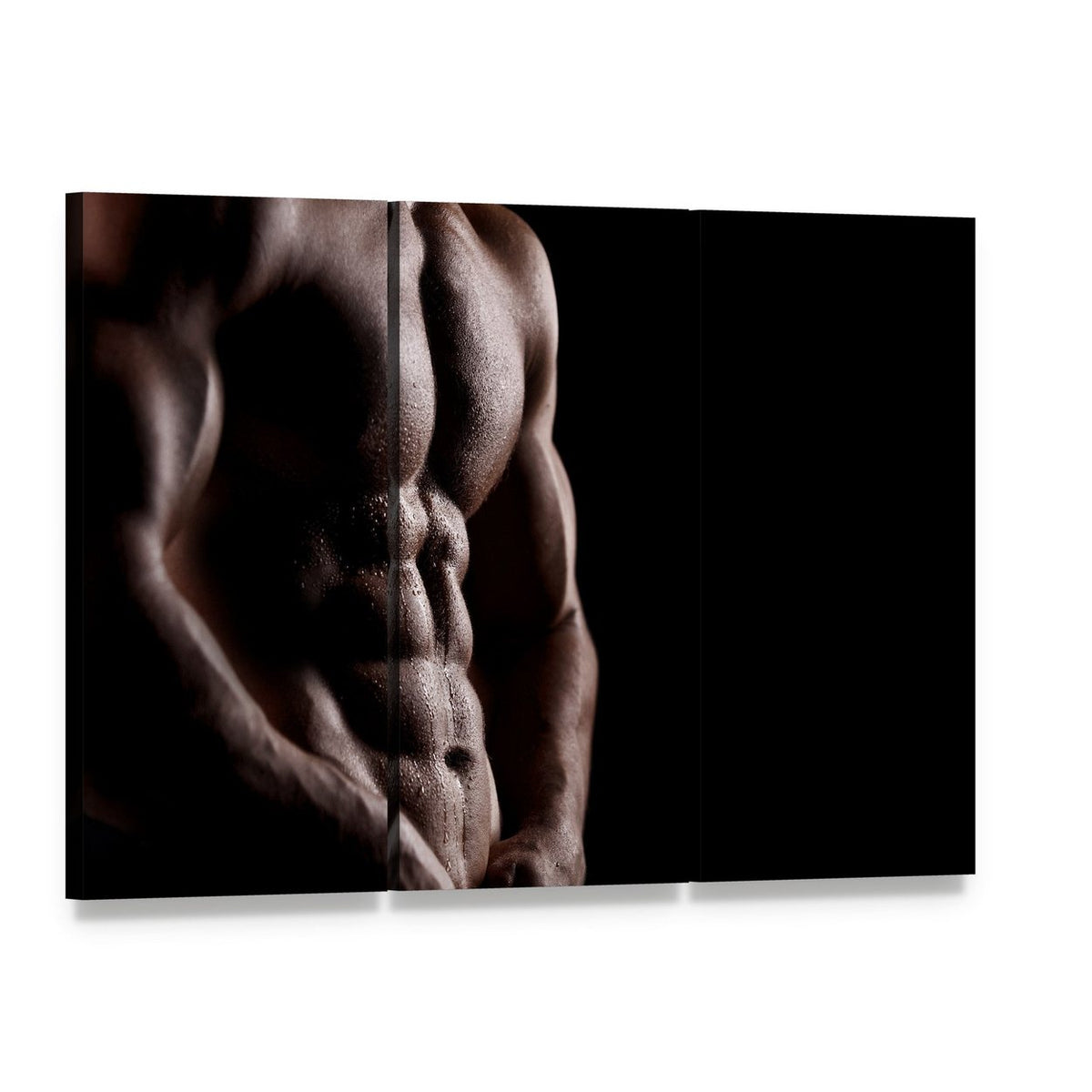 Powerful Male Torso with Defined Musculature Canvas Wall Art, 3 panel 3 Horizontal layout gallery wrapped canvas set, angled product view