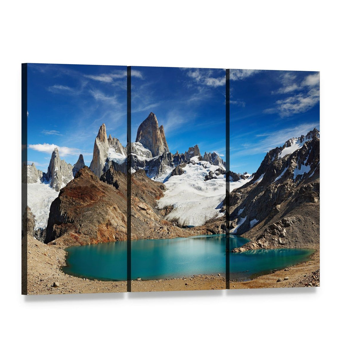 Laguna De Los Tres Mountain Lake Canvas Wall Art, 3 panel 3 Horizontal layout gallery wrapped canvas set, angled product view