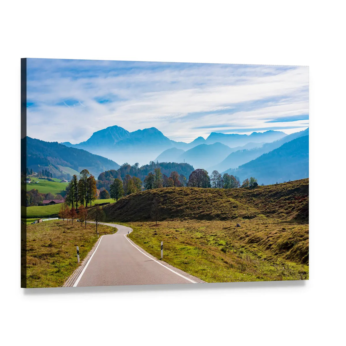 Winding Road in the Bavarian Alps Canvas Wall Art, single panel gallery wrapped canvas, angled product view