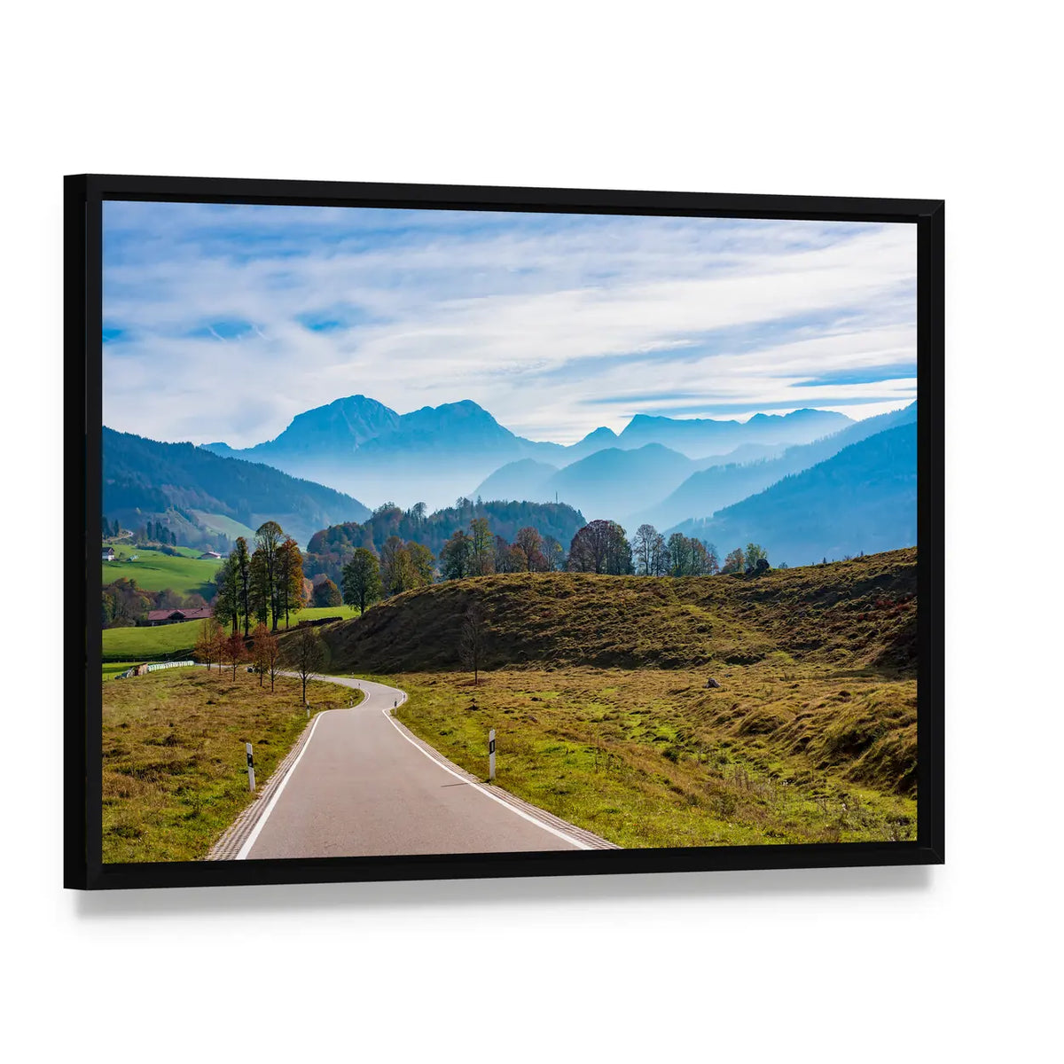 Winding Road in the Bavarian Alps Canvas Wall Art, framed canvas in a black floater frame, angled product view