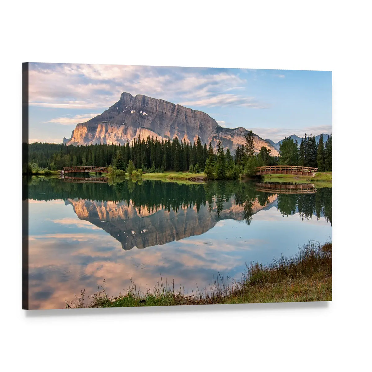Rundle Mountain Reflected in Pond Canvas Wall Art, single panel gallery wrapped canvas, angled product view