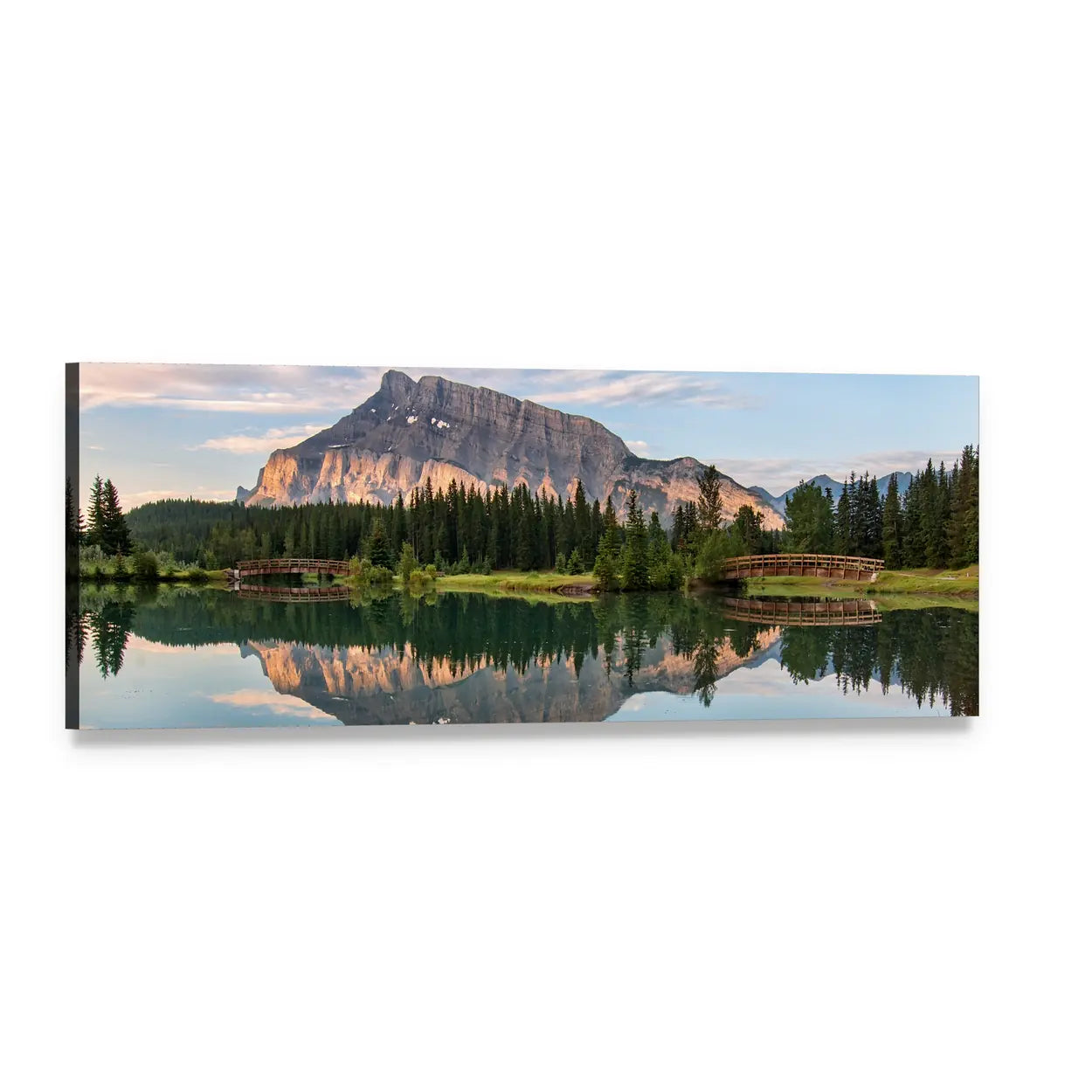 Rundle Mountain Reflection in Banff Park Panoramic Canvas Wall Art, single panel gallery wrapped canvas, angled product view