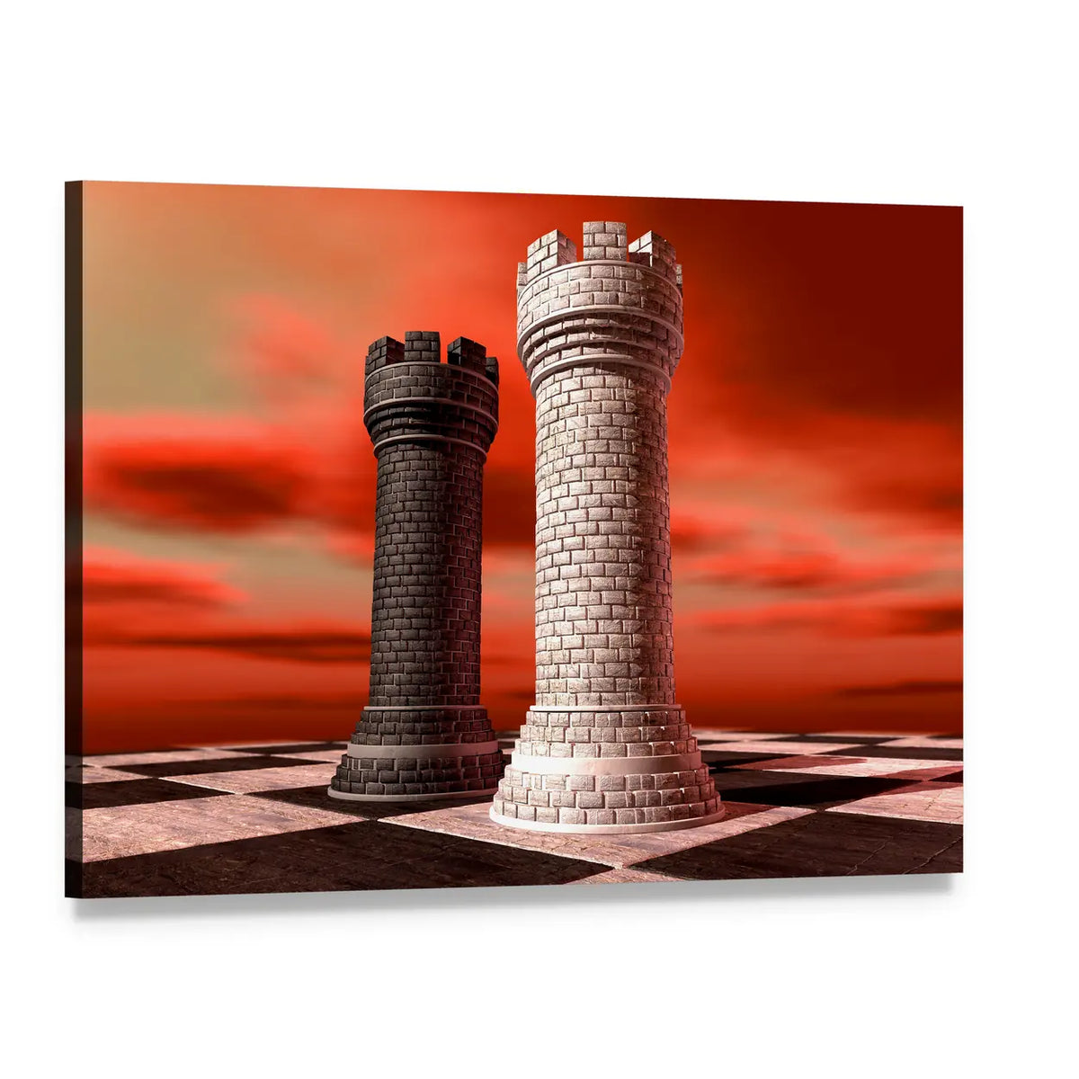 Stone Rooks on Sunset Chessboard Canvas Wall Art, single panel gallery wrapped canvas, angled product view