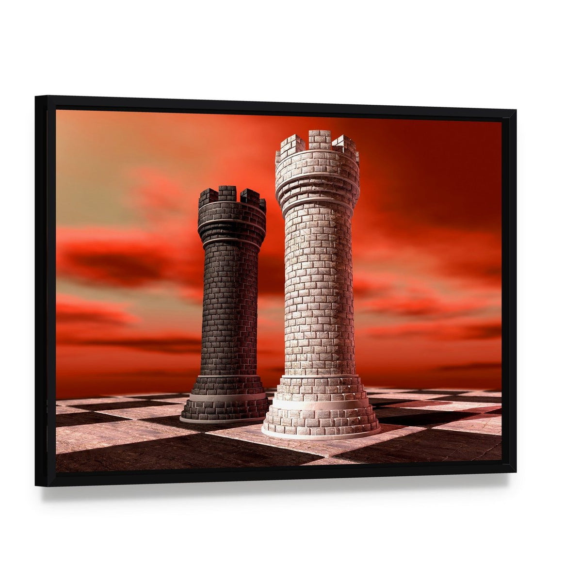 Black & White Castle Chess Piece Canvas Wall Art, framed canvas in a black floater frame, angled product view