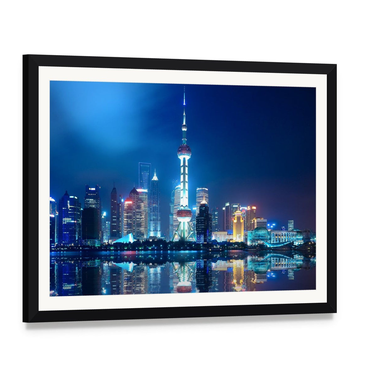 Shanghai Skyline with Reflection at Night Canvas Wall Art, framed print with white mat and black frame, angled product view