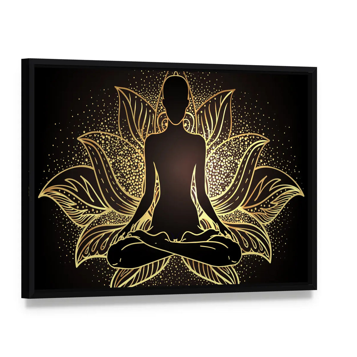Silhouette In lotus Position Over Ornate Mandala Canvas Wall Art, framed canvas in a black floater frame, angled product view