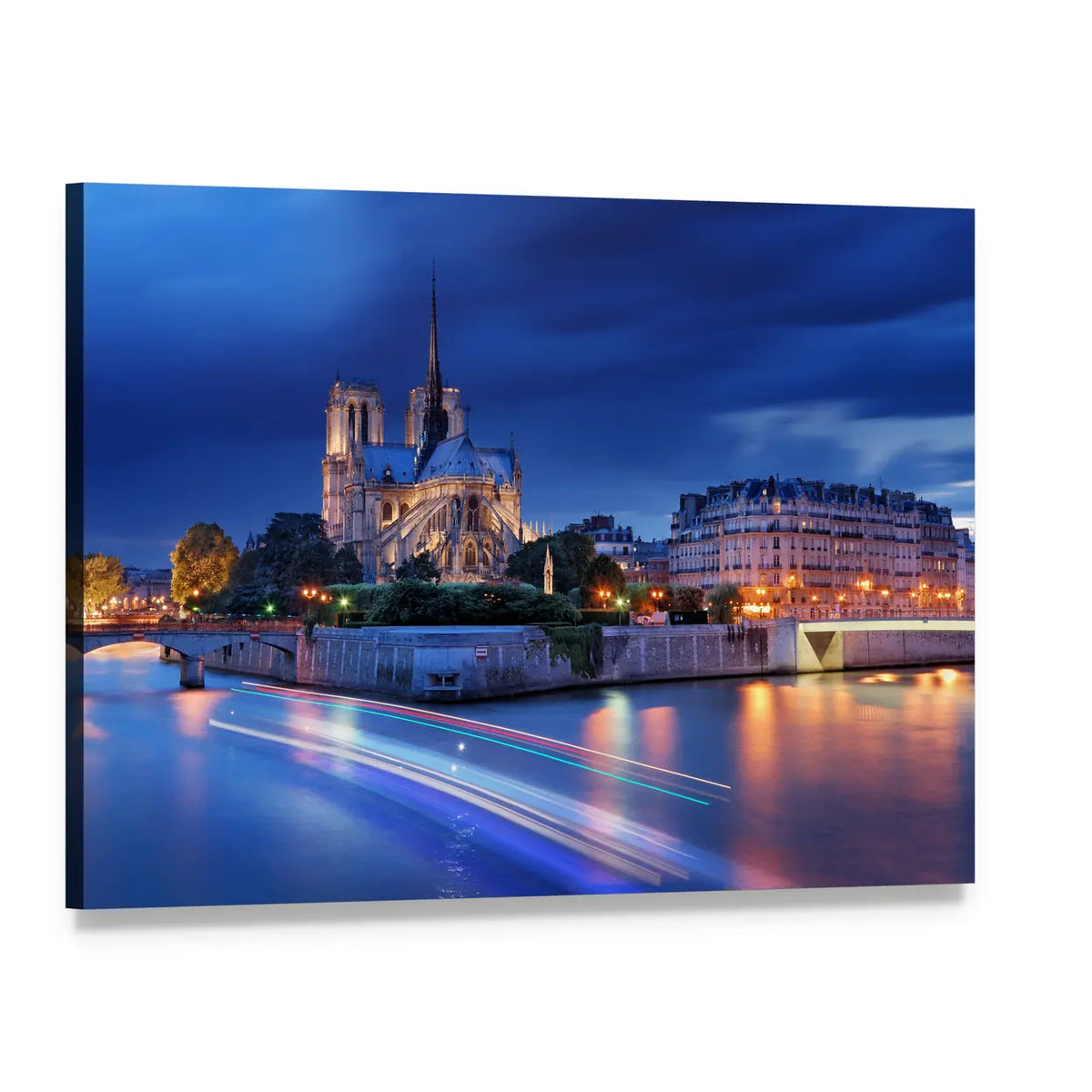 Notre Dame Cathedral at Night Canvas Wall Art, single panel gallery wrapped canvas, angled product view
