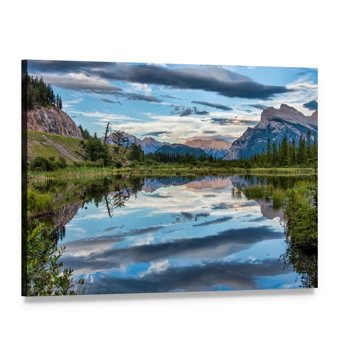 Vermilion Lake Reflection with Dramatic Clouds Canvas Wall Art, single panel gallery wrapped canvas, angled product view